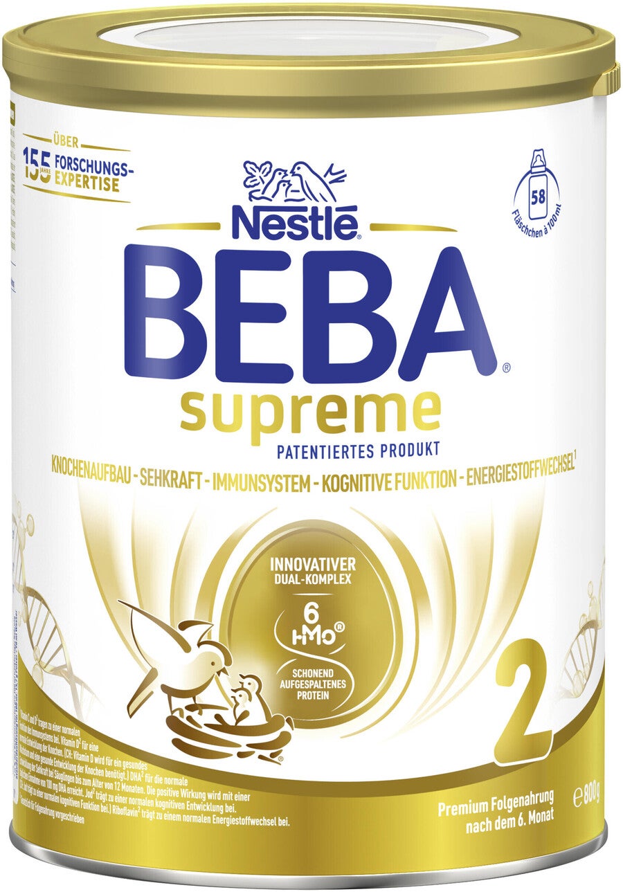 Foto einer gold-weißen Dose Nestlé BEBA Supreme Säuglingsnahrung