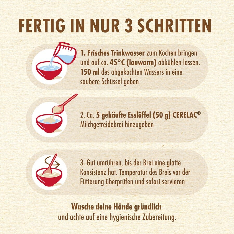Three illustrated steps for preparing a cereal meal.