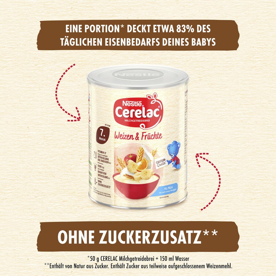 Cerelac baby cereal packaging with banana and apple.