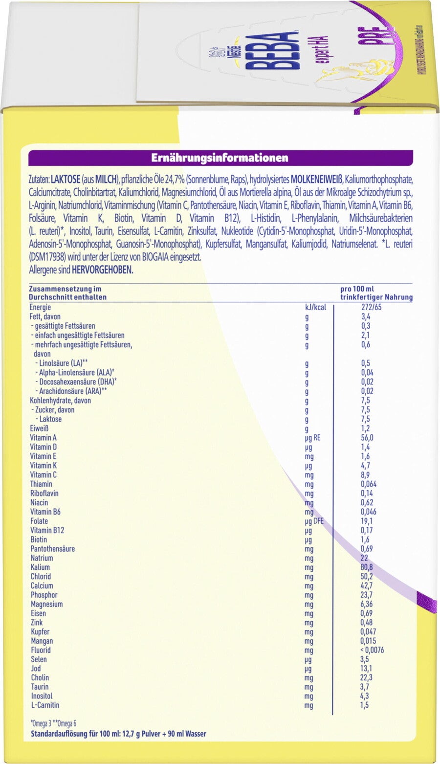 BEBA HA expert Pre 1200g Nährwerte