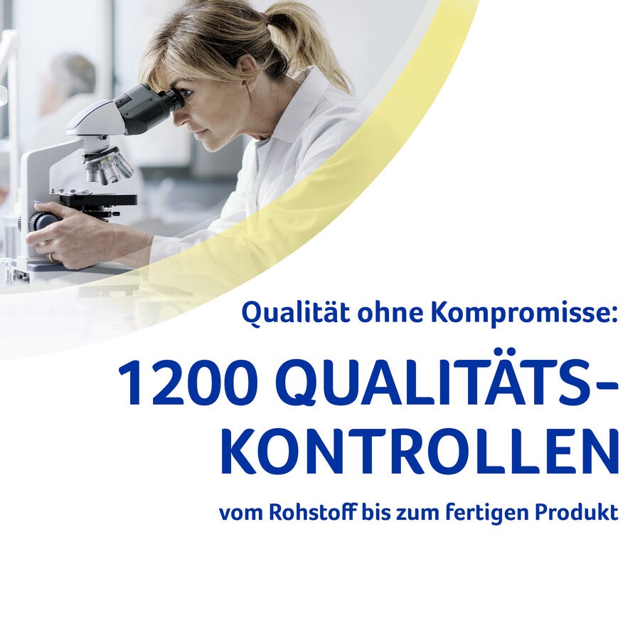 Scientist observing through microscope in lab, text overlay in German.