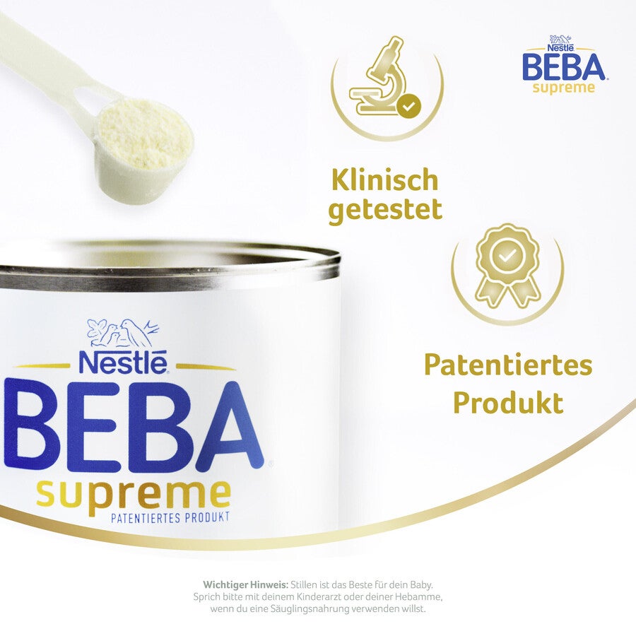 Nestlé BEBA Supreme Produktdose mit Messlöffel und goldenen Icons für klinische Studien/Patente