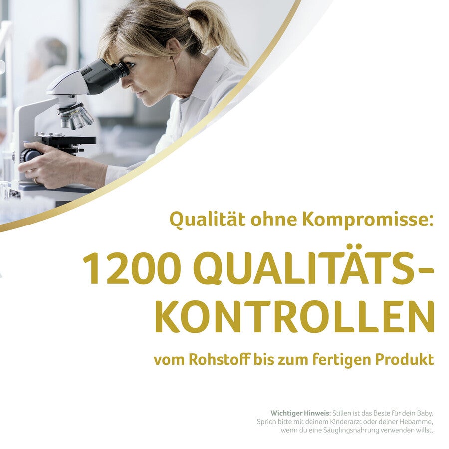Photograph: lab technician using microscope on German quality-control flyer