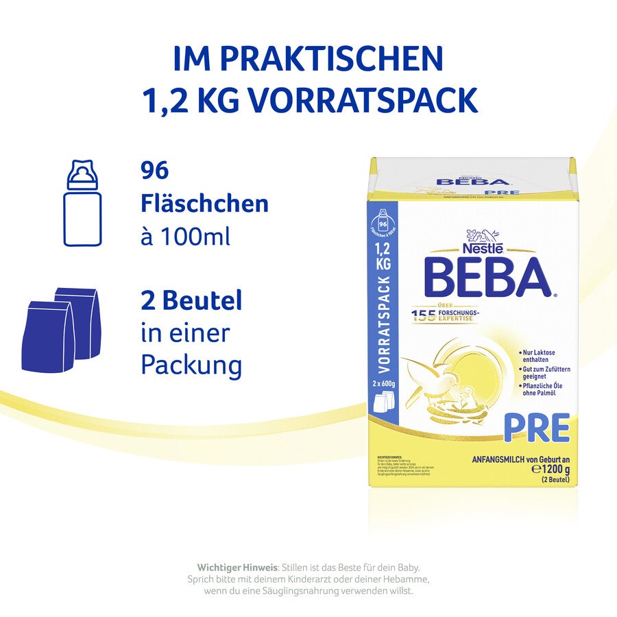Packaging of BEBA PRE formula with product details in German.