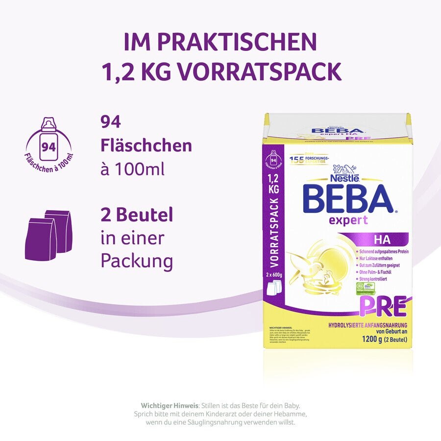 Packaging of BEBA Expert HA infant formula, purple and yellow design.
