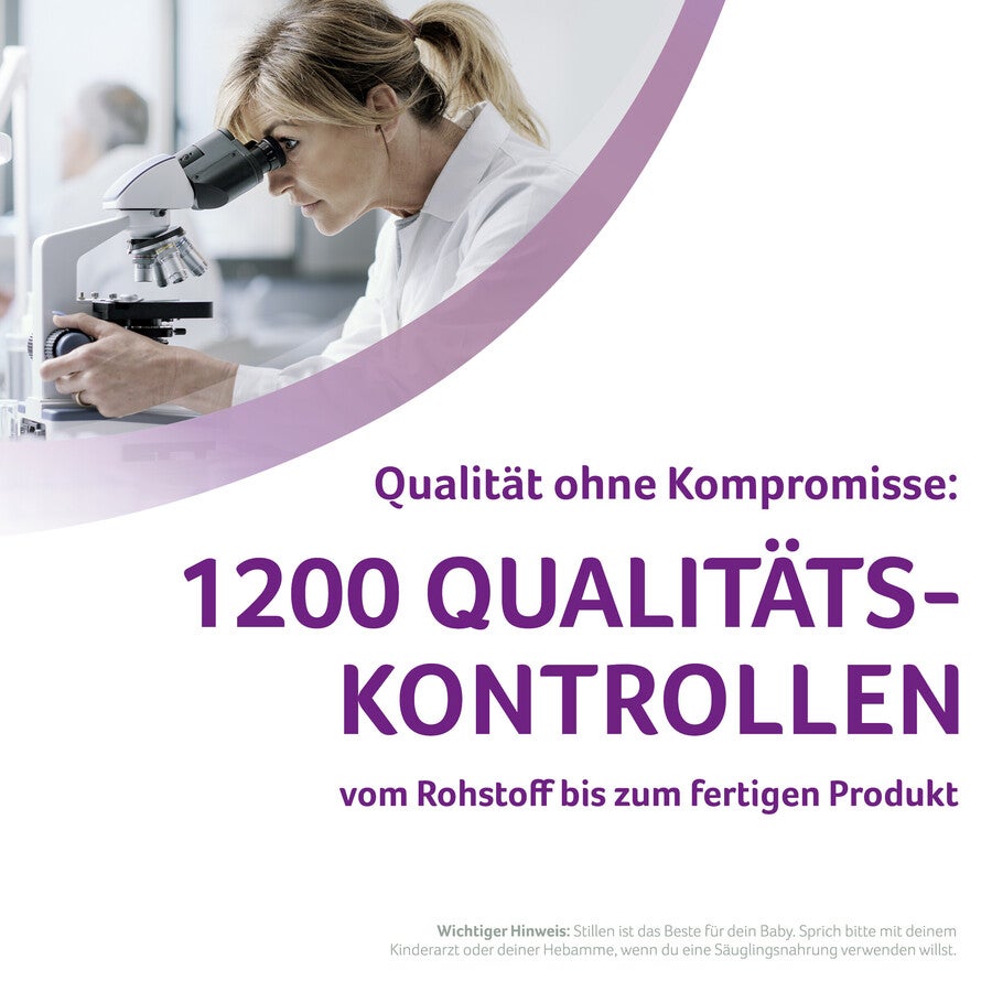 Worker uses microscope. Purple text reads "1200 Qualitätskontrollen."