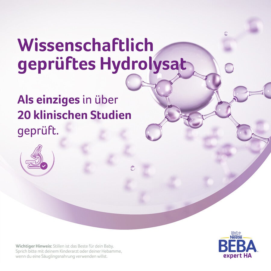 Purple molecules graphic with Bebea Expert HA logo.