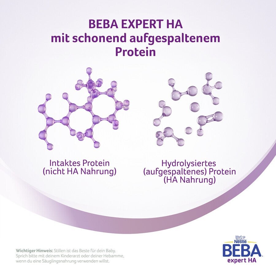 Protein molecule graphics with German text, BEBA logo bottom right.
