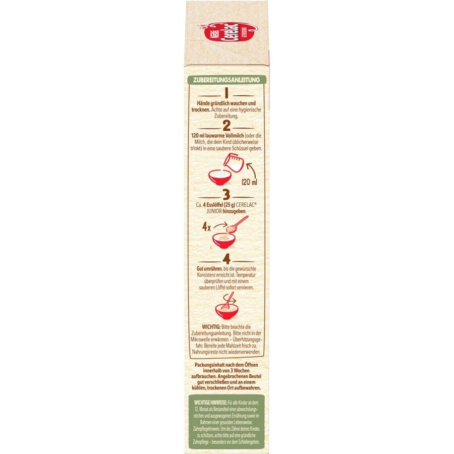 Verpackungsseite mit Kochanleitung und Grafiken in Rot und Grün.
