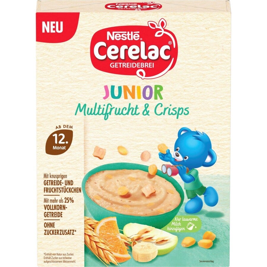 Nestlé Cerelac Junior Packung mit Brei, Obst und einem blauen Bären.
