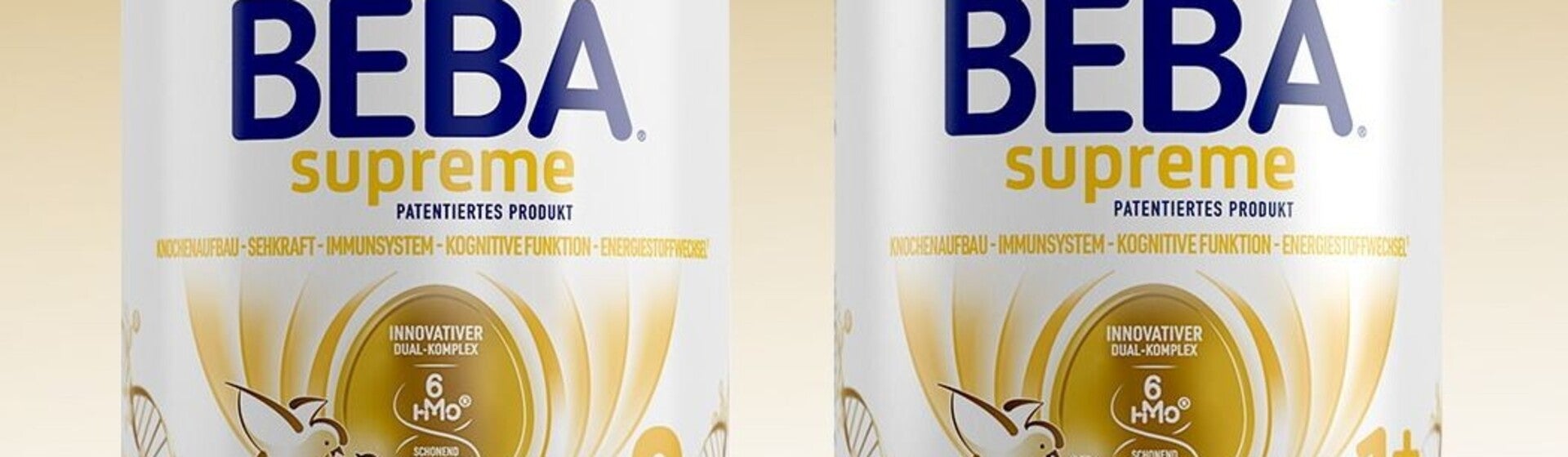 Zwei Dosen Nestlé BEBA Supreme Säuglingsnahrung (Stufe 2 und 1+), in Gold und Weiß.