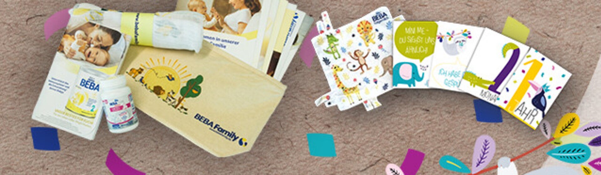 BEBA-Werbung mit Babyprodukten, farbige Konfetti, Faultier und Biene.
