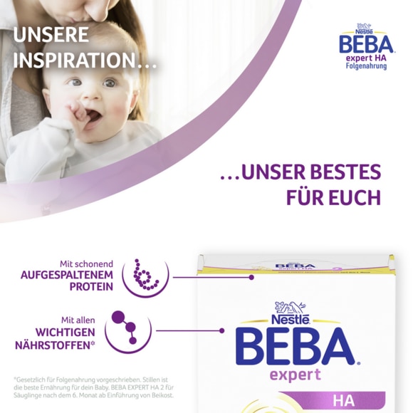 Säugling beim Füttern; rechts BEBA-Logo und Produktverpackung