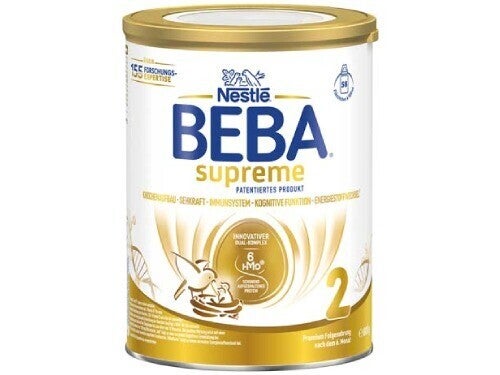 Fotografie einer goldweißen Dose Nestlé BEBA Supreme Säuglingsmilch, Stufe 2