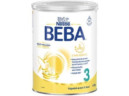 Foto einer weißen Dose Nestlé BEBA Folgemilch (Stufe 3) mit gelben Akzenten und grünem '3'
