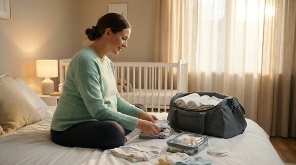 Foto: Schwangere Frau packt Wickeltasche auf Bett, Babybett im Hintergrund