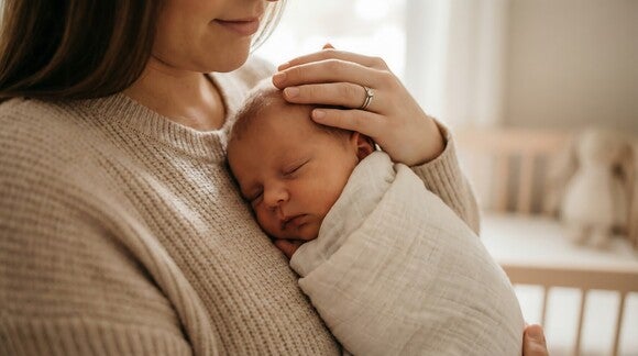 Mutter hält eingewickeltes Baby sanft und friedlich auf dem Arm.