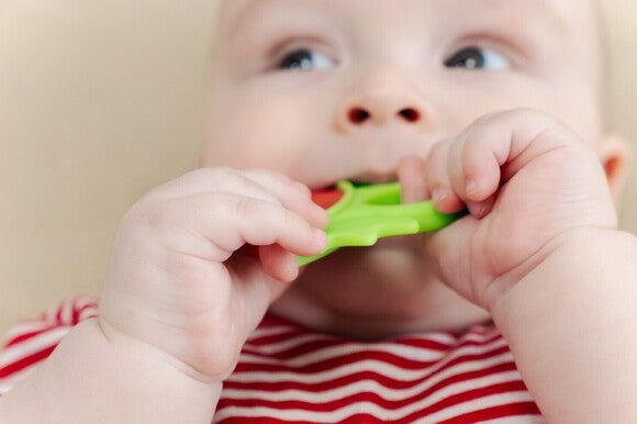 Baby hält Spielzeug im Mund und schaut aufmerksam in eine Richtung.