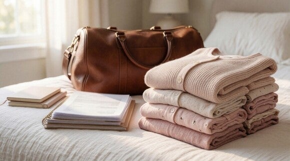 Eine gepackte Kliniktasche, gefaltete Kleidung und Notizbücher auf dem Bett.
