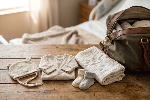 Babykleidung und eine Geburtstasche auf dem Tisch