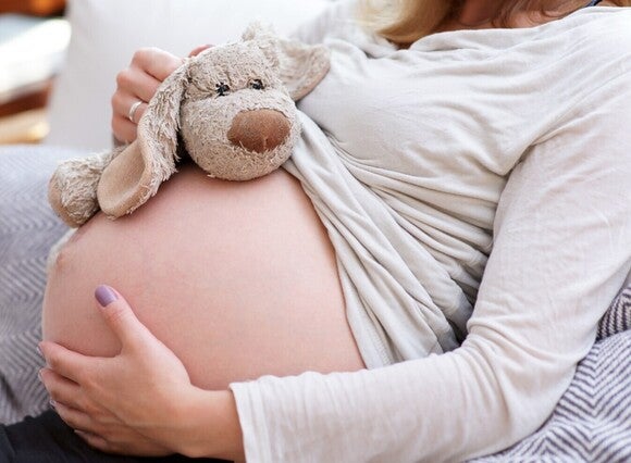 Hochschwangere Frau liegt einem Kuscheltier auf ihrem offenem Bauch auf dem Sofa.