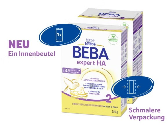 BEBA expert HA 2 Folgenahrung in schmaler Verpackung mit einem Innenbeutel. BEBA expert HA 2 Folgenahrung in schmaler Verpackung mit einem Innenbeutel.
