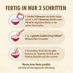 Three illustrated steps for preparing a cereal meal.