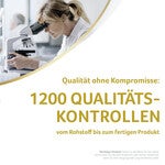 Photograph: lab technician using microscope on German quality-control flyer