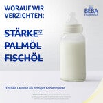 Baby bottle against a light background with blue text beside it.
