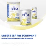 Beba Pre baby formula packages, three different sizes, white background.