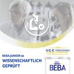 White BEBA Junior can, laboratory setting, scientific icon overlay.