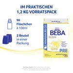Packaging of BEBA PRE formula with product details in German.