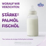 Baby bottle filled with white liquid next to German text and BEBA logo.