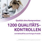 Worker uses microscope. Purple text reads "1200 Qualitätskontrollen."
